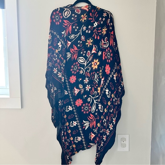 Women’s easel flowy floral kimono wide sleeves open front black orange small - Picture 2 of 2